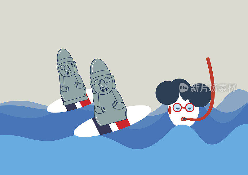 矢量插图推广冲浪在济州岛。Dol harubang，也就是在冲浪板上冲浪的石头爷爷。海女或济州岛女潜水员被称为济州岛海女。